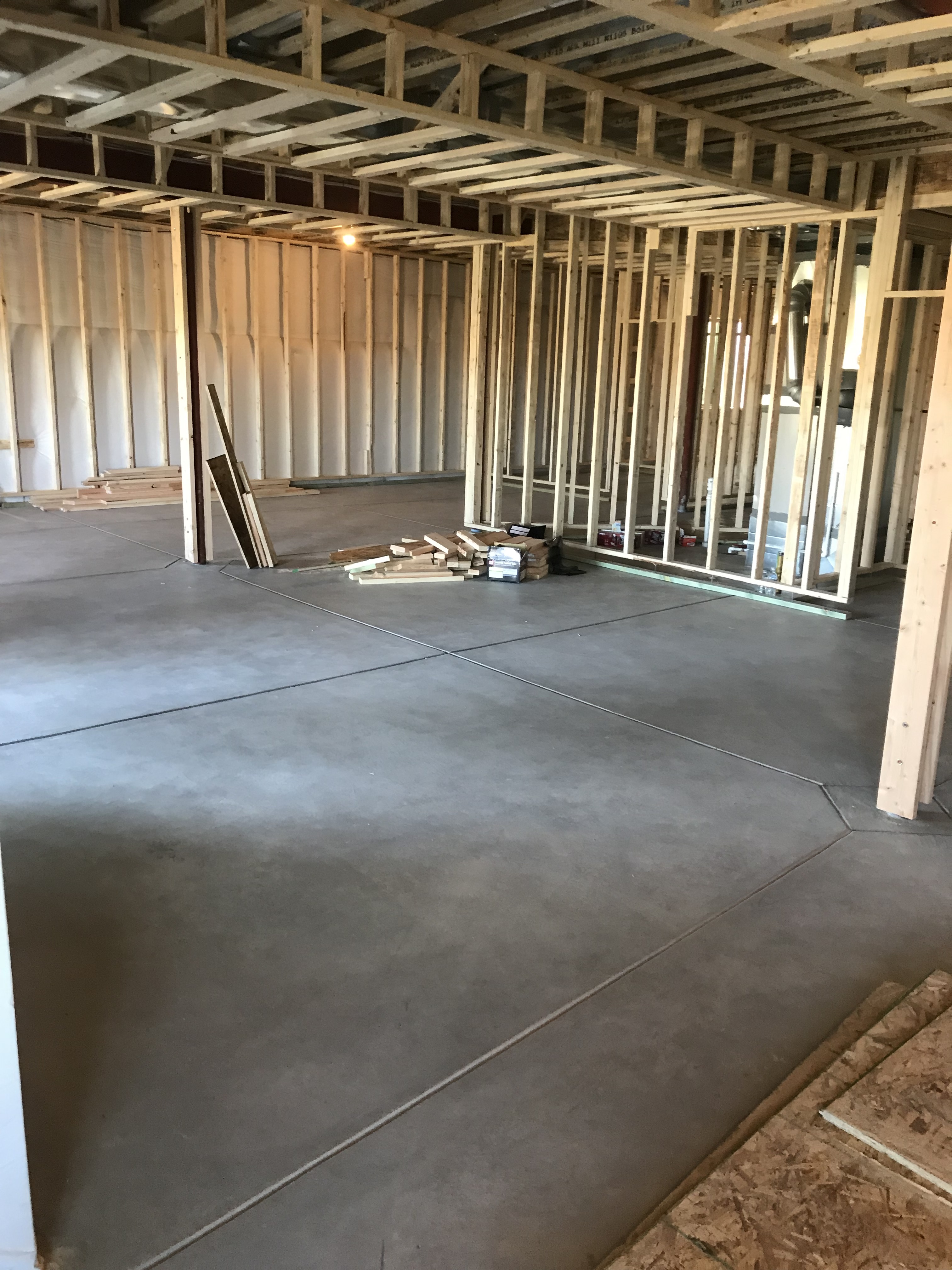 Rough frame basement kitchen area